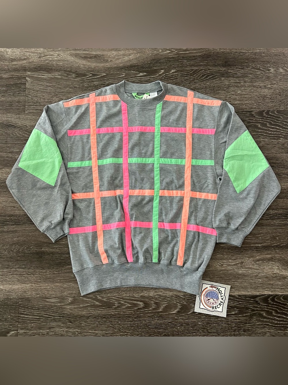 Vintage 80s 90s Recreation Pullover Sweatshirt Sz M Neon Elbow Patches Deadstock
